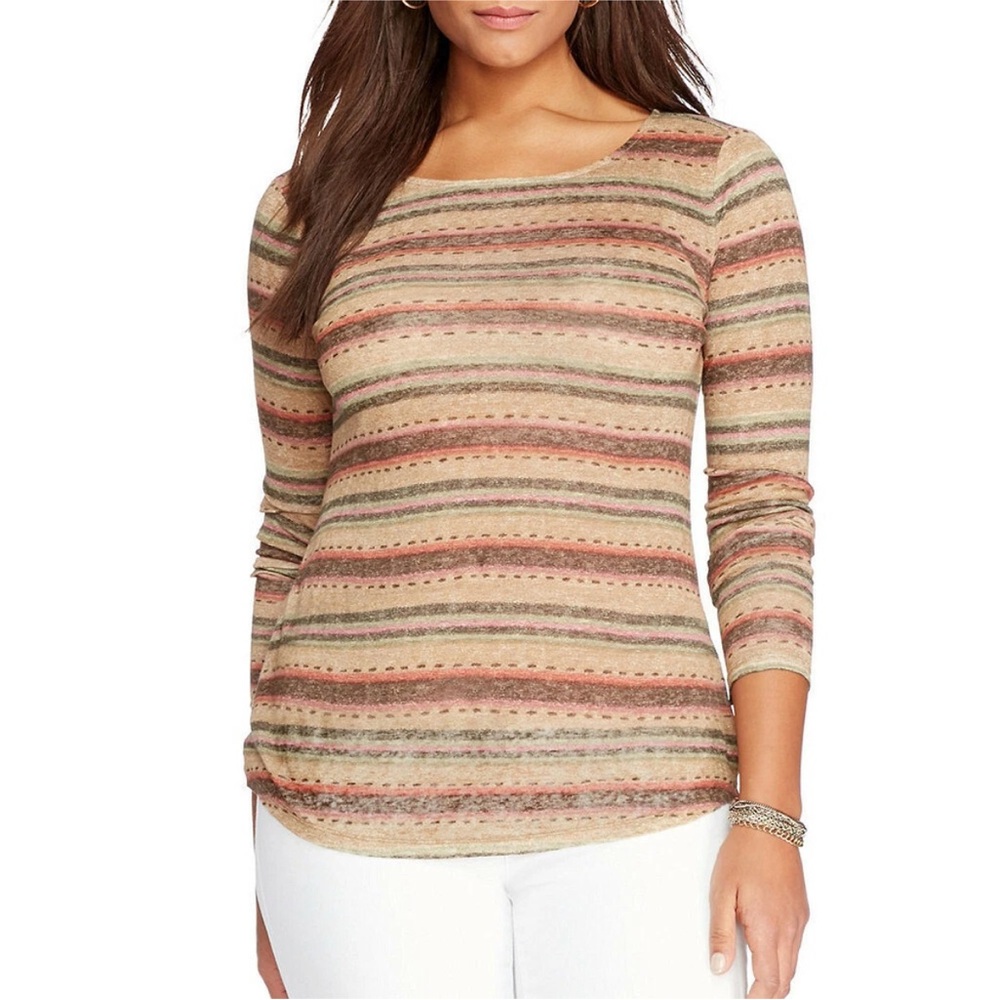 Lauren Ralph Lauren Brown Melange Striped Fine Knit Top Womens 3X 100% Linen